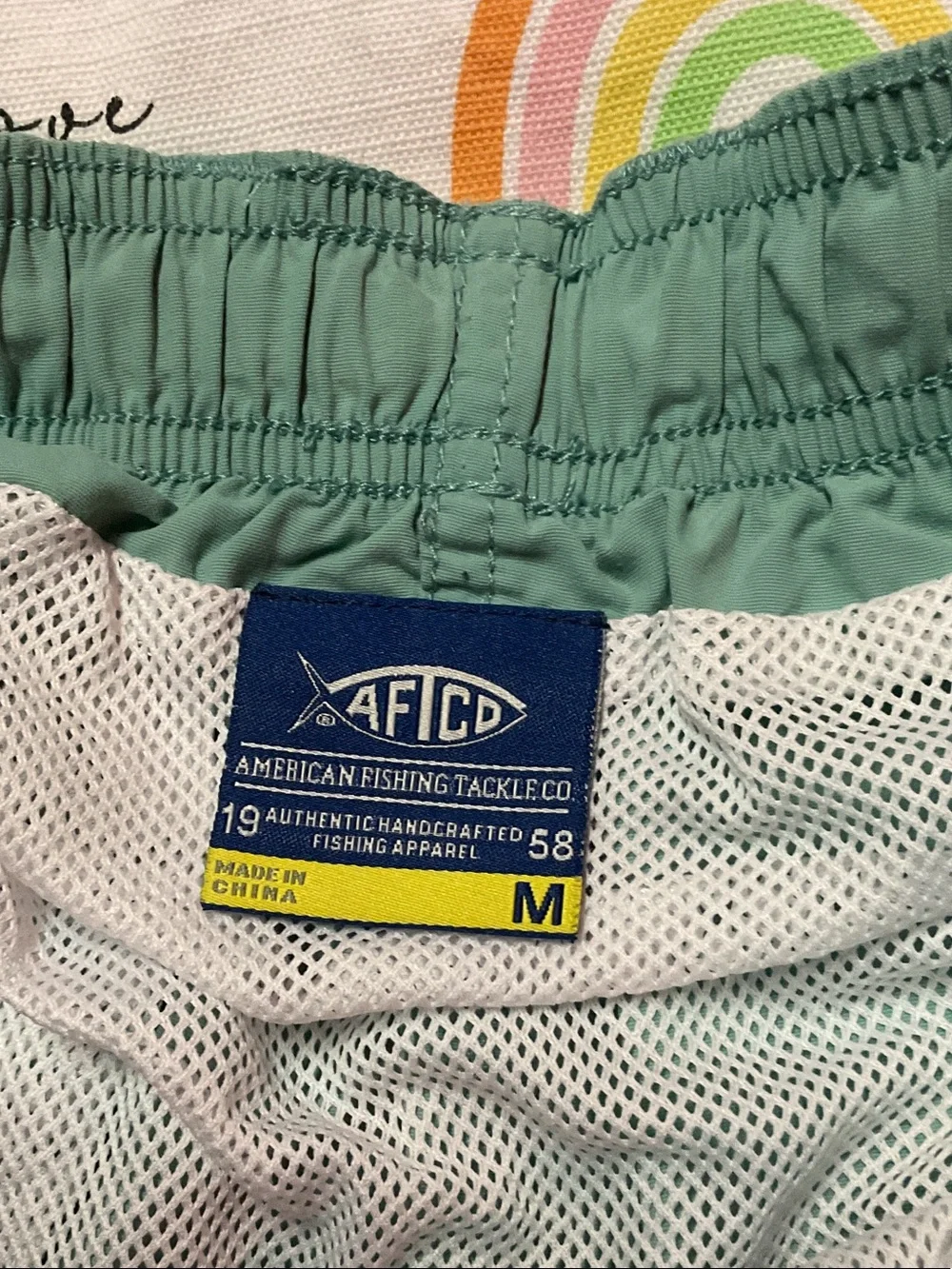 AFTCO Teal Swim Trunks with Yellow-Blue Drawstring
